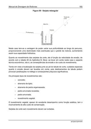 Manual de Drenagem de Rodovias 165
MT/DNIT/DPP/IPR
Figura 59 - Sarjeta retangular
Acostamento
Meio-fio
“H”Variável
Sarjeta
1
a
Talude de
corte
Neste caso tem-se a vantagem de poder variar sua profundidade ao longo do percurso,
proporcionando uma declividade mais acentuada que o greide da rodovia, aumentando
assim sua capacidade hidráulica.
Quanto ao revestimento das sarjetas de corte, ele é função da velocidade de erosão, de
acordo com a tabela 26 do Apêndice B. Deve -se levar em conta neste caso o aspecto
técnico-econômico, isto é, as conseqüências da erosão e do custo do revestimento.
Tendo em vista a localização da sarjeta junto ao pé do talude de corte, cuidados especiais
quanto à erosão devem ser levados em conta, pois deslizamentos de talude podem
provocar paralisações no tráfego e conseqüentes prejuízos significativos.
Os principais tipos de revestimentos são:
– concreto;
– alvenaria de tijolo;
– alvenaria de pedra argamassada;
– pedra arrumada revestida;
– pedra arrumada;
– revestimento vegetal.
O revestimento vegetal, apesar do excelente desempenho como função estética, tem o
inconveniente do alto custo de conservação.
Sarjetas de corte sem revestimento devem ser evitadas.
 