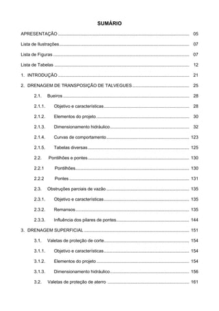 SUMÁRIO
APRESENTAÇÃO .......................................................................................................... 05
Lista de Ilustrações......................................................................................................... 07
Lista de Figuras .............................................................................................................. 07
Lista de Tabelas ............................................................................................................. 12
1. INTRODUÇÃO .......................................................................................................... 21
2. DRENAGEM DE TRANSPOSIÇÃO DE TALVEGUES.............................................. 25
2.1. Bueiros ...................................................................................................... 28
2.1.1. Objetivo e características..................................................................... 28
2.1.2. Elementos do projeto ........................................................................... 30
2.1.3. Dimensionamento hidráulico................................................................ 32
2.1.4. Curvas de comportamento................................................................... 123
2.1.5. Tabelas diversas.................................................................................. 125
2.2. Pontilhões e pontes.................................................................................. 130
2.2.1 Pontilhões............................................................................................ 130
2.2.2 Pontes ................................................................................................. 131
2.3. Obstruções parciais de vazão ................................................................... 135
2.3.1. Objetivo e características..................................................................... 135
2.3.2. Remansos............................................................................................ 135
2.3.3. Influência dos pilares de pontes........................................................... 144
3. DRENAGEM SUPERFICIAL ..................................................................................... 151
3.1. Valetas de proteção de corte..................................................................... 154
3.1.1. Objetivo e características..................................................................... 154
3.1.2. Elementos do projeto ........................................................................... 154
3.1.3. Dimensionamento hidráulico................................................................ 156
3.2. Valetas de proteção de aterro .................................................................. 161
 