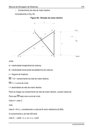 Manual de Drenagem de Rodovias 174
MT/DNIT/DPP/IPR
– Comprimento da reta de maior declive
Considerando a Fig. 65.
Figura 65 - Direção de maior declive
y
C
h
F
B
E
D
A
L
α
β
Eixo
Bordo
onde:
α = declividade longitudinal da rodovia;
β = declividade transversal da plataforma da rodovia;
L = largura do implúvio;
BE = D = comprimento da reta de maior declive;
CA = t = curva de nível;
I = declividade da reta de maior declive.
Para se chegar ao comprimento da reta de maior declive, cumpre observar:
Para que CA seja uma curva de nível,
Cota A = cota C
mas,
cota A = B x L, considerando a cota de B como referência (0,000).
O comprimento y da reta CB será:
cota C – yαcotaB ×= ou cotaCyα =×
 