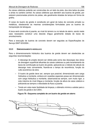 Manual de Drenagem de Rodovias 198
MT/DNIT/DPP/IPR
As caixas coletoras poderão ser construídas de um lado da pista, dos dois lados da pista
e ainda no canteiro central. As caixas coletoras que atendem aos bueiros de greide, por
estarem posicionadas próximo às pistas, são geralmente dotadas de tampa em forma de
grelha.
O corpo do bueiro de greide é constituído em geral de tubos de concreto armado ou
metálicos, obedecendo às mesmas considerações formuladas para os bueiros de
transposição de talvegues.
A boca será construída à jusante, ao nível do terreno ou no talude de aterro, sendo neste
caso necessário construir uma descida d'água geralmente dotada de bacia de
amortecimento.
Para a execução de bueiros de concreto devem ser seguidas as Especificações de
Serviço DNIT 023/2004. .
3.9.3 DIMENSIONAMENTO HIDRÁULICO
Para o dimensionamento hidráulico dos bueiros de greide devem ser obedecidas as
seguintes recomendações:
– A descarga de projeto deverá ser obtida pela soma das descargas das obras
de drenagem superficial afluentes às caixas coletoras ou pelo levantamento da
bacia de contribuição ao bueiro de greide, aplicando-se o método de cálculo de
descarga mais conveniente, fixando-se o tempo de recorrência, função do
vulto econômico da obra.
– O bueiro de greide deve ser, sempre que possível, dimensionado sem carga
hidráulica a montante, embora em ocasiões especiais possa ser dimensionado
com carga hidráulica a montante, observando-se sempre, com muito rigor, a
cota máxima do nível d'água a montante, função da altura da caixa coletora e
policiando-se sempre a velocidade do fluxo a jusante.
– Tendo em vista maior facilidade de limpeza, o diâmetro mínimo a adotar para o
bueiro de greide é de 0,80m.
Figura 76 - Esquema completo de um bueiro de greide em aterro
 