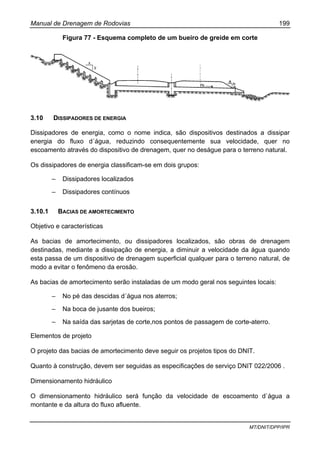 Manual de Drenagem de Rodovias 199
MT/DNIT/DPP/IPR
Figura 77 - Esquema completo de um bueiro de greide em corte
3.10 DISSIPADORES DE ENERGIA
Dissipadores de energia, como o nome indica, são dispositivos destinados a dissipar
energia do fluxo d´água, reduzindo consequentemente sua velocidade, quer no
escoamento através do dispositivo de drenagem, quer no deságue para o terreno natural.
Os dissipadores de energia classificam-se em dois grupos:
– Dissipadores localizados
– Dissipadores contínuos
3.10.1 BACIAS DE AMORTECIMENTO
Objetivo e características
As bacias de amortecimento, ou dissipadores localizados, são obras de drenagem
destinadas, mediante a dissipação de energia, a diminuir a velocidade da água quando
esta passa de um dispositivo de drenagem superficial qualquer para o terreno natural, de
modo a evitar o fenômeno da erosão.
As bacias de amortecimento serão instaladas de um modo geral nos seguintes locais:
– No pé das descidas d´água nos aterros;
– Na boca de jusante dos bueiros;
– Na saída das sarjetas de corte,nos pontos de passagem de corte-aterro.
Elementos de projeto
O projeto das bacias de amortecimento deve seguir os projetos tipos do DNIT.
Quanto à construção, devem ser seguidas as especificações de serviço DNIT 022/2006 .
Dimensionamento hidráulico
O dimensionamento hidráulico será função da velocidade de escoamento d`água a
montante e da altura do fluxo afluente.
 