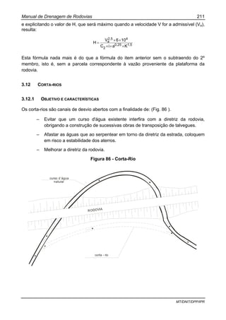 Manual de Drenagem de Rodovias 211
MT/DNIT/DPP/IPR
e explicitando o valor de H, que será máximo quando a velocidade V for a admissível (Va),
resulta:
1,50,25
2
42,5
a
KaiC
106V
H
×××
××
=
Esta fórmula nada mais é do que a fórmula do item anterior sem o subtraendo do 2º
membro, isto é, sem a parcela correspondente à vazão proveniente da plataforma da
rodovia.
3.12 CORTA-RIOS
3.12.1 OBJETIVO E CARACTERÍSTICAS
Os corta-rios são canais de desvio abertos com a finalidade de: (Fig. 86 ).
– Evitar que um curso d'água existente interfira com a diretriz da rodovia,
obrigando a construção de sucessivas obras de transposição de talvegues.
– Afastar as águas que ao serpentear em torno da diretriz da estrada, coloquem
em risco a estabilidade dos aterros.
– Melhorar a diretriz da rodovia.
Figura 86 - Corta-Rio
curso d´água
natural
corta - rio
RODOVIA
 
