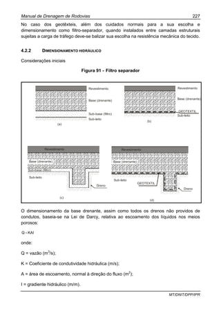 Manual de Drenagem de Rodovias 227
MT/DNIT/DPP/IPR
No caso dos geotêxteis, além dos cuidados normais para a sua escolha e
dimensionamento como filtro-separador, quando instalados entre camadas estruturais
sujeitas a carga de tráfego deve-se balizar sua escolha na resistência mecânica do tecido.
4.2.2 DIMENSIONAMENTO HIDRÁULICO
Considerações iniciais
Figura 91 - Filtro separador
Revestimento
Base (drenante)
Sub-leito
GEOTEXTIL
(b)
Revestimento
Base (drenante)
Sub-base (filtro)
Sub-leito
(a)
Revestimento
Base (drenante)
Sub-base (filtro)
Sub-leito
Dreno
(c)
Revestimento
Base (drenante)
Sub-leito
(d)
Dreno
GEOTEXTIL
O dimensionamento da base drenante, assim como todos os drenos não providos de
condutos, baseia-se na Lei de Darcy, relativa ao escoamento dos líquidos nos meios
porosos:
KAIQ =
onde:
Q = vazão (m3
/s);
K = Coeficiente de condutividade hidráulica (m/s);
A = área de escoamento, normal à direção do fluxo (m2
);
I = gradiente hidráulico (m/m).
 
