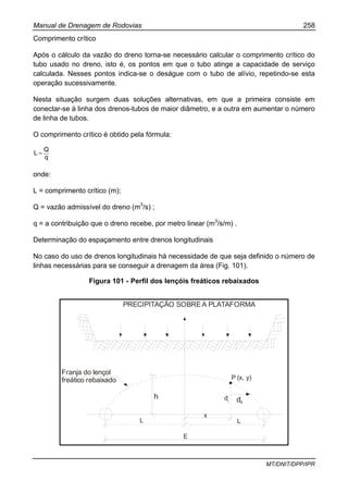 Manual de Drenagem de Rodovias 258
MT/DNIT/DPP/IPR
Comprimento crítico
Após o cálculo da vazão do dreno torna-se necessário calcular o comprimento crítico do
tubo usado no dreno, isto é, os pontos em que o tubo atinge a capacidade de serviço
calculada. Nesses pontos indica-se o deságue com o tubo de alívio, repetindo-se esta
operação sucessivamente.
Nesta situação surgem duas soluções alternativas, em que a primeira consiste em
conectar-se à linha dos drenos-tubos de maior diâmetro, e a outra em aumentar o número
de linha de tubos.
O comprimento crítico é obtido pela fórmula:
q
Q
L =
onde:
L = comprimento crítico (m);
Q = vazão admissível do dreno (m3
/s) ;
q = a contribuição que o dreno recebe, por metro linear (m3
/s/m) .
Determinação do espaçamento entre drenos longitudinais
No caso do uso de drenos longitudinais há necessidade de que seja definido o número de
linhas necessárias para se conseguir a drenagem da área (Fig. 101).
Figura 101 - Perfil dos lençóis freáticos rebaixados
PRECIPITAÇÃO SOBREA PLATAFORMA
Franja do lençol
freático rebaixado
h
P (x, y)
dy dx
x
L L
E
 
