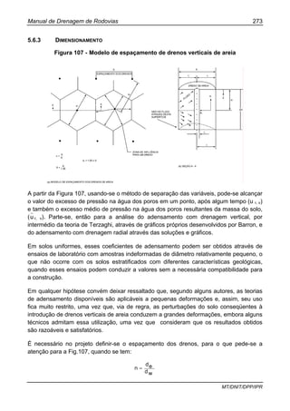 Manual de Drenagem de Rodovias 273
MT/DNIT/DPP/IPR
5.6.3 DIMENSIONAMENTO
Figura 107 - Modelo de espaçamento de drenos verticais de areia
A partir da Figura 107, usando-se o método de separação das variáveis, pode-se alcançar
o valor do excesso de pressão na água dos poros em um ponto, após algum tempo (u r, v)
e também o excesso médio de pressão na água dos poros resultantes da massa do solo,
(u r, v). Parte-se, então para a análise do adensamento com drenagem vertical, por
intermédio da teoria de Terzaghi, através de gráficos próprios desenvolvidos por Barron, e
do adensamento com drenagem radial através das soluções e gráficos.
Em solos uniformes, esses coeficientes de adensamento podem ser obtidos através de
ensaios de laboratório com amostras indeformadas de diâmetro relativamente pequeno, o
que não ocorre com os solos estratificados com diferentes características geológicas,
quando esses ensaios podem conduzir a valores sem a necessária compatibilidade para
a construção.
Em qualquer hipótese convém deixar ressaltado que, segundo alguns autores, as teorias
de adensamento disponíveis são aplicáveis a pequenas deformações e, assim, seu uso
fica muito restrito, uma vez que, via de regra, as perturbações do solo conseqüentes à
introdução de drenos verticais de areia conduzem a grandes deformações, embora alguns
técnicos admitam essa utilização, uma vez que consideram que os resultados obtidos
são razoáveis e satisfatórios.
É necessário no projeto definir-se o espaçamento dos drenos, para o que pede-se a
atenção para a Fig.107, quando se tem:
wd
ed
n =
 