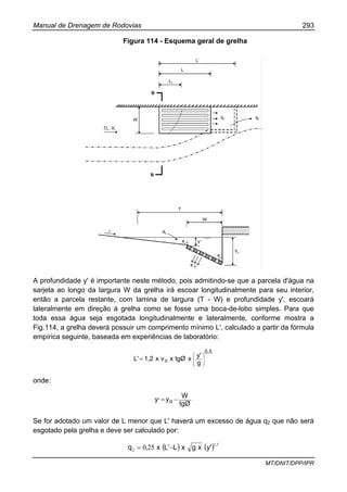 Manual de Drenagem de Rodovias 293
MT/DNIT/DPP/IPR
Figura 114 - Esquema geral de grelha
A profundidade y' é importante neste método, pois admitindo-se que a parcela d'água na
sarjeta ao longo da largura W da grelha irá escoar longitudinalmente para seu interior,
então a parcela restante, com lamina de largura (T - W) e profundidade y', escoará
lateralmente em direção à grelha como se fosse uma boca-de-lobo simples. Para que
toda essa água seja esgotada longitudinalmente e lateralmente, conforme mostra a
Fig.114, a grelha deverá possuir um comprimento mínimo L', calculado a partir da fórmula
empírica seguinte, baseada em experiências de laboratório:
0,5
o
g
y'
xtgØxvx1,2L' ⎟
⎟
⎠
⎞
⎜
⎜
⎝
⎛
=
onde:
tgØ
W
y,y o −=
Se for adotado um valor de L menor que L' haverá um excesso de água q2 que não será
esgotado pela grelha e deve ser calculado por:
( ) ( ) 51
2 250
,
'yxgxL'Lx,q −=
 