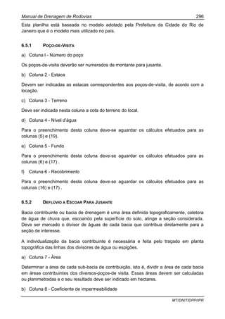 Manual de Drenagem de Rodovias 296
MT/DNIT/DPP/IPR
Esta planilha está baseada no modelo adotado pela Prefeitura da Cidade do Rio de
Janeiro que é o modelo mais utilizado no país.
6.5.1 POÇO-DE-VISITA
a) Coluna l - Número do poço
Os poços-de-visita deverão ser numerados de montante para jusante.
b) Coluna 2 - Estaca
Devem ser indicadas as estacas correspondentes aos poços-de-visita, de acordo com a
locação.
c) Coluna 3 - Terreno
Deve ser indicada nesta coluna a cota do terreno do local.
d) Coluna 4 - Nível d’água
Para o preenchimento desta coluna deve-se aguardar os cálculos efetuados para as
colunas (5) e (19).
e) Coluna 5 - Fundo
Para o preenchimento desta coluna deve-se aguardar os cálculos efetuados para as
colunas (6) e (17) .
f) Coluna 6 - Recobrimento
Para o preenchimento desta coluna deve-se aguardar os cálculos efetuados para as
colunas (16) e (17) .
6.5.2 DEFLÚVIO A ESCOAR PARA JUSANTE
Bacia contribuinte ou bacia de drenagem é uma área definida topograficamente, coletora
de água de chuva que, escoando pela superfície do solo, atinge a seção considerada.
Deve ser marcado o divisor de águas de cada bacia que contribua diretamente para a
seção de interesse.
A individualização da bacia contribuinte é necessária e feita pelo traçado em planta
topográfica das linhas dos divisores de água ou espigões.
a) Coluna 7 - Área
Determinar a área de cada sub-bacia de contribuição, isto é, dividir a área de cada bacia
em áreas contribuintes dos diversos-poços-de visita. Essas áreas devem ser calculadas
ou planimetradas e o seu resultado deve ser indicado em hectares.
b) Coluna 8 - Coeficiente de impermeabilidade
 