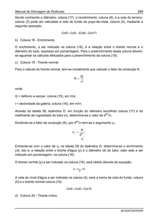Manual de Drenagem de Rodovias 299
MT/DNIT/DPP/IPR
Sendo conhecido o diâmetro, coluna (17), o recobrimento, coluna (6), e a cota do terreno,
coluna (3) pode ser calculada a cota do fundo do poço-de-visita, coluna (5), mediante a
seguinte operação:
( )Col17Col6Col3Col5 +−=
b) Coluna 18 - Enchimento
O enchimento, a ser indicado na coluna (18), é a relação entre o tirante normal e o
diâmetro do tubo, expresso em porcentagem. Para o preenchimento desta coluna devem-
se aguardar os cálculos efetuados para o preenchimento da coluna (19).
c) Coluna 19 - Tirante normal
Para o cálculo do tirante normal, tem-se inicialmente que calcular o fator de condução K.
i
Q
K =
onde:
Q = deflúvio a escoar, coluna (15), em m/s;
i = declividade da galeria, coluna (16), em m/m.
Através da tabela 58, Apêndice D, em função do diâmetro escolhido coluna (17) e do
coeficiente de rugosidade do tubo (n), determina-se o valor de d8/3
/n.
Dividindo-se o fator de condução (K), por d8/3
/n tem-se o argumento c2:
n
d
K
c / 382 =
Entrando-se com o valor de c2 na tabela 59 do Apêndice D, determina-se o enchimento
y/d, isto é, a relação entre o tirante d'água (y) e o diâmetro (d) do tubo, valor este a ser
indicado em porcentagem, na coluna (18).
O tirante normal (y) a ser indicado na coluna (19), será obtido através da equação:
d
2
cy ×=
A cota do nível d'água a ser indicada na coluna (4), será a soma da cota do fundo, coluna
(5) e o tirante normal coluna (19).
Col19Col5Col4 +=
d) Coluna 20 - Tirante crítico
 