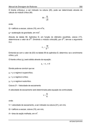 Manual de Drenagem de Rodovias 300
MT/DNIT/DPP/IPR
O tirante crítico(yc), a ser indicado na coluna (20), pode ser determinado através do
cálculo do módulo crítico (M):
g
Q
M =
onde:
Q = deflúvio a escoar, coluna (15), em m3
/s;
g = aceleração da gravidade, em m/s2
.
Através da tabela 58, Apêndice D, em função do diâmetro escolhido, coluna (17),
determina-se o valor de d5/2
. Dividindo o módulo crítico(M), por d5/2
, tem-se o argumento
(c3).
253 /
d
M
c =
Entrando-se com o valor de (03) na tabela 59 do apêndice D, determina -se o enchimento
crítico, yc/d.
O tirante crítico (yc) será obtido através da equação:
dxcyc 3=
Donde pode-se concluir que se:
yc > y o regime é supercrítico;
yc = y o regime é crítico;
yc < y o regime é subcrítico.
Coluna 21 - Velocidade de escoamento
A velocidade de escoamento será determinada pela equação da continuidade.
A
Q
v =
onde:
V = velocidade de escoamento, a ser indicado na coluna (21), em m/s;
Q = deflúvio a escoar, coluna (15), em m/s;
A = área da seção molhada, em m2
.
 