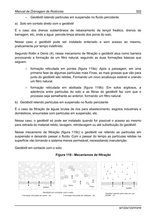 Manual de Drenagem de Rodovias 322
MT/DNIT/DPP/IPR
– Geotêxtil retendo partículas em suspensão no fluído percolante
a) Solo em contato direto com o geotêxtil
É o caso dos drenos subterrâneos de rebaixamento de lençol freático, drenos de
barragem, etc, onde a água percola limpa através dos poros do solo.
Nesse caso o geotêxtil pode ser instalado enterrado e sem acesso ao mesmo,
praticamente por tempo indefinido.
Segundo Rollin e Denis (4), nesse mecanismo de filtração o geotêxtil atua como barreira
provocando a formação de um filtro natural, seguindo as duas formações básicas que
seguem
– formação reticulada em pontes (figura 119a): Após a passagem, em uma
primeira fase de algumas partículas mais Finas, as mais grossas que vão para
junto do geotêxtil são retidas. Formando um novo arcabouço estável e criando
um filtro natural.
– formação reticulada em abóbada (figura 119b): Em solos argilosos, a
aderência entre partículas do solo e as fibras do geotêxtil faz com que o
processo seja semelhante ao anterior, formando um filtro natural.
b) Geotêxtil retendo partículas em suspensão no fluido percolante
É o caso da filtração de águas brutas de rios para abastecimento, esgotos industriais e
domésticos, enxurradas com partículas em suspensão, etc.
Nesse caso, o geotêxtil só pode ser instalado quando for possível o acesso ao mesmo
para retirada do material retido, lavagem, retrolavagem ou até substituição do geotêxtil.
Nesse mecanismo de filtração (figura 119c) o geotêxtil vai retendo as partículas em
suspensão e deixando passar o fluído. Com o passar do tempo as partículas retidas na
superfície vão tornando o sistema menos permeável, necessitando manutenção.
Geotêxtil em contacto com o solo:
Figura 119 - Mecanismos de filtração
Geotêxtil
Vazios
Fibras
Geotêxtil
Geotêstil em contacto com o solo:
Formação reticulada em ponte - (a) Formação reticulada em abóboda - (b)
Geotêxtil retendo partículas em sus.
pensão - (c)
 