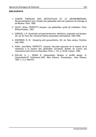 Manual de Drenagem de Rodovias 333
MT/DNIT/DPP/IPR
BIBLIOGRAFIA
1. COMITÉ FRANÇAIS DES GÉOTEXTILES ET LE GÉOMEMBRANES.
Recommandations pour l'emploi des géotextiles dans les systemes de drainage et
de filtration. Paris, 1986.
2. GICOT, 0livier; PERFETTI Jacques. Les géotextiles: guide de l'utilisateur. Paris:
Rhône-Poulenc, 1987.
3. GIROUD, J. P. Geotextiles and geomembranes, definitions, properties and designs.
3th. ed. St. Paul, Mn: Industrial Fabrics Association International, 1984-1985.
4. KOERNER, R. M. Designing with geosynthetics. 5th. ed. New Jersey: Prentice-
Hall, 2005.
5. RIGO, Jean-Marie; PERFETTI, Jacques. Nouvelle approche de la mesure de la
résistance à la traction des géotextiles non-tissés. Bulletin de Liaison des
Laboratoires des Ponts et Chaussées, Paris, n. 107, p. 83-92, mai/jun. 1980.
6. ROLLIN, A. L., DENIS R. Geosynthetic filtration in landfill design. In:
Geosynthetic’87 Conference,1987, New Orleans. Proceedings... New Orleans,
1987. v. 2, p. 456-470.
 
