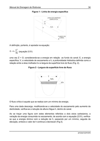 Manual de Drenagem de Rodovias 34
MT/DNIT/DPP/IPR
Figura 1 - Linha de energia específica
h N.A.
2g
2V
LINHA DE ENERGIA
ESPECÍFICA
FUNDO DO
CANAL
A definição, portanto, é apoiada na equação:
2g
V
hE
2
+= (equação 2.01)
uma vez Z = O, considerando-se a energia em relação ao fundo do canal; E, a energia
específica; V, a velocidade de escoamento e h, a profundidade hidráulica definida como a
relação entre a área molhada A e a largura da superfície livre do fluxo (Fig. 2).
Figura 2 - Largura da superfície livre do fluxo
T
N.A.
d.h.
O fluxo crítico é aquele que se realiza com um mínimo de energia.
Para uma dada descarga, modificando-se a velocidade do escoamento pelo aumento da
declividade, verifica-se a redução da altura d'água h, dentro do canal.
Ao se traçar uma figura com estes elementos referidos a dois eixos cartesianos, a
variação da energia consumida no escoamento, de acordo com a equação (2.01), verifica-
se que a energia diminui com a redução de h, passando por um mínimo, seguida de
elevação, embora o valor de h continue a decrescer (Fig.3).
 