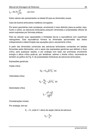 Manual de Drenagem de Rodovias 46
MT/DNIT/DPP/IPR
1/3L
2n34,75cI = , em m/m
Estes valores são apresentados na tabela 02 para as dimensões usuais.
Caso de bueiros lenticulares metálicos corrugados.
Por terem geometrias mais complexas, envolvendo 3 raios distintos (para as partes: topo,
fundo e canto), as estruturas lenticulares possuem dimensões e propriedades difíceis de
serem expressas por fórmulas práticas.
Para se calcular suas capacidades e limitações faz-se a equivalência com superfícies
retangulares. Esta equivalência fornece as dimensões aproximadas dos dados
indispensáveis à determinação das equações para o escoamento crítico.
A partir das dimensões comerciais das estruturas lenticulares constantes em tabelas
fornecidas pelos fabricantes, com o apoio das expressões genéricas que definem o fluxo
crítico, para quaisquer seções, e por analogia com base nas premissas envolvendo
energia e altura crítica pode-se, por tentativas, estimar o tirante crítico, recorrendo-se
também ao gráfico da Fig. 9, de propriedades hidráulicas de estruturas lenticulares.
Expressões genéricas
Vazão critica
chgcAcQ ×= (a)
Velocidade crítica
chg
cA
cQ
cV ×== (a)
Declividade crítica
4/3
cR
2
cV2n
cI
×
=
Considerações iniciais;
Por analogia, tem-se:
HEc = , onde H = altura da seção interna da estrutura
H
3
2
ch =
 