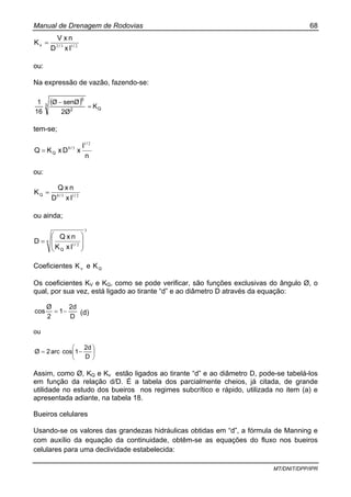 Manual de Drenagem de Rodovias 68
MT/DNIT/DPP/IPR
2132 //v
IxD
nxV
K =
ou:
Na expressão de vazão, fazendo-se:
( )
Q
3
2
5
K
2Ø
senØØ
16
1
=
−
tem-se;
n
I
xDxKQ
/
/
Q
21
38
=
ou:
2138 //Q
IxD
nxQ
K =
ou ainda;
3
8
21 ⎟
⎟
⎠
⎞
⎜
⎜
⎝
⎛
= /
Q IxK
nxQ
D
Coeficientes vK e QK
Os coeficientes KV e KQ, como se pode verificar, são funções exclusivas do ângulo Ø, o
qual, por sua vez, está ligado ao tirante “d” e ao diâmetro D através da equação:
D
2d
1
2
Ø
cos −= (d)
ou
⎟
⎠
⎞
⎜
⎝
⎛
−=
D
2d
1cosarc2Ø
Assim, como Ø, KQ e Kv estão ligados ao tirante “d” e ao diâmetro D, pode-se tabelá-los
em função da relação d/D. É a tabela dos parcialmente cheios, já citada, de grande
utilidade no estudo dos bueiros nos regimes subcrítico e rápido, utilizada no item (a) e
apresentada adiante, na tabela 18.
Bueiros celulares
Usando-se os valores das grandezas hidráulicas obtidas em “d”, a fórmula de Manning e
com auxílio da equação da continuidade, obtêm-se as equações do fluxo nos bueiros
celulares para uma declividade estabelecida:
 