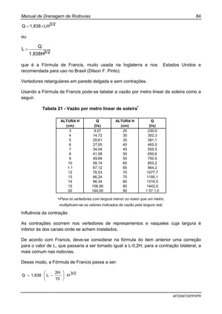 Manual de Drenagem de Rodovias 84
MT/DNIT/DPP/IPR
3/2LH1,838Q ×=
ou
3/21,838H
Q
L =
que é a Fórmula de Francis, muito usada na Inglaterra e nos Estados Unidos e
recomendada para uso no Brasil (Dilson F. Pinto).
Vertedores retangulares em parede delgada e sem contrações.
Usando a Fórmula de Francis pode-se tabelar a vazão por metro linear de soleira como a
seguir.
Tabela 21 - Vazão por metro linear de soleira
∗
ALTURA H
(cm)
Q
(l/s)
ALTURA H
(cm)
Q
(l/s)
3 9,57 25 230,0
4 14,72 30 302,3
5 20,61 35 381,1
6 27,05 40 465,5
7 34,04 45 555,5
8 41,58 50 650,6
9 49,68 55 750,5
10 58,14 60 855,2
1 1 67,12 65 964,2
12 76,53 70 1077,7
13 86,24 75 1195,1
14 96,34 80 1316,5
15 106,90 85 1442,0
20 164,50 90 1 57 1,0
∗Para os vertedores com largura menor ou maior que um metro,
multiplicam-se os valores indicados de vazão pela largura real.
Influência da contração
As contrações ocorrem nos vertedores de represamentos e naqueles cuja largura é
inferior às dos canais onde se acham instalados.
De acordo com Francis, deve-se considerar na fórmula do item anterior uma correção
para o valor de L, que passaria a ser tomado igual a L-0,2H, para a contração bilateral, a
mais comum nas rodovias.
Desse modo, a Fórmula de Francis passa a ser:
3/2H
10
2H
L1,838Q ⎟
⎠
⎞
⎜
⎝
⎛
−=
 