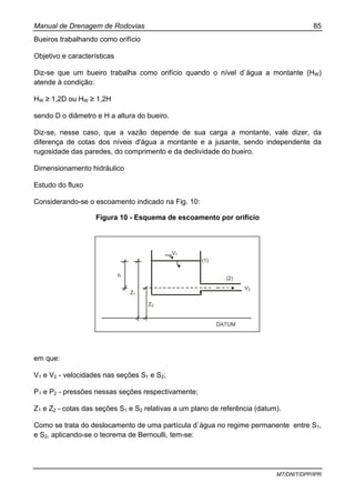Manual de Drenagem de Rodovias 85
MT/DNIT/DPP/IPR
Bueiros trabalhando como orifício
Objetivo e características
Diz-se que um bueiro trabalha como orifício quando o nível d`água a montante (HW)
atende à condição:
HW ≥ 1,2D ou HW ≥ 1,2H
sendo D o diâmetro e H a altura do bueiro.
Diz-se, nesse caso, que a vazão depende de sua carga a montante, vale dizer, da
diferença de cotas dos níveis d'água a montante e a jusante, sendo independente da
rugosidade das paredes, do comprimento e da declividade do bueiro.
Dimensionamento hidráulico
Estudo do fluxo
Considerando-se o escoamento indicado na Fig. 10:
Figura 10 - Esquema de escoamento por orifício
em que:
V1 e V2 - velocidades nas seções S1 e S2;
P1 e P2 - pressões nessas seções respectivamente;
Z1 e Z2 - cotas das seções S1 e S2 relativas a um plano de referência (datum).
Como se trata do deslocamento de uma partícula d`água no regime permanente entre S1,
e S2, aplicando-se o teorema de Bernoulli, tem-se:
(1)
DATUM
Z2
Z1
V2
h
V1
(2)
 