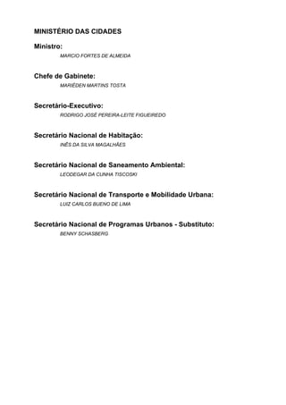 MINISTÉRIO DAS CIDADES

Ministro:
        MARCIO FORTES DE ALMEIDA



Chefe de Gabinete:
        MARIÉDEN MARTINS TOSTA



Secretário-Executivo:
        RODRIGO JOSÉ PEREIRA-LEITE FIGUEIREDO



Secretário Nacional de Habitação:
        INÊS DA SILVA MAGALHÃES



Secretário Nacional de Saneamento Ambiental:
        LEODEGAR DA CUNHA TISCOSKI



Secretário Nacional de Transporte e Mobilidade Urbana:
        LUIZ CARLOS BUENO DE LIMA



Secretário Nacional de Programas Urbanos - Substituto:
        BENNY SCHASBERG
 