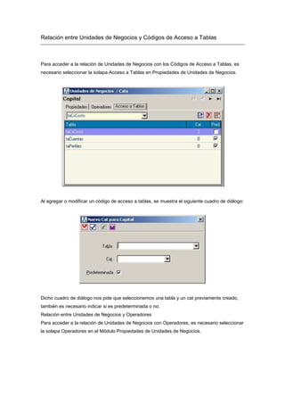 Relación entre Unidades de Negocios y Códigos de Acceso a Tablas
Para acceder a la relación de Unidades de Negocios con los Códigos de Acceso a Tablas, es
necesario seleccionar la solapa Acceso a Tablas en Propiedades de Unidades de Negocios.
Al agregar o modificar un código de acceso a tablas, se muestra el siguiente cuadro de diálogo:
Dicho cuadro de diálogo nos pide que seleccionemos una tabla y un cat previamente creado,
también es necesario indicar si es predeterminada o no.
Relación entre Unidades de Negocios y Operadores
Para acceder a la relación de Unidades de Negocios con Operadores, es necesario seleccionar
la solapa Operadores en el Módulo Propiedades de Unidades de Negocios.
 