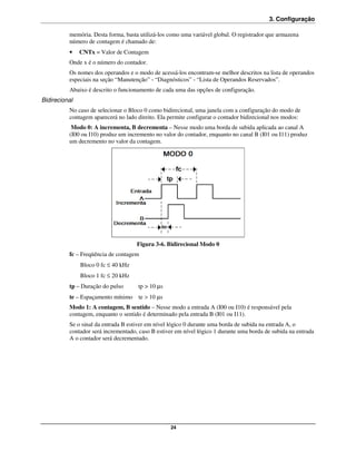 3. Configuração

          memória. Desta forma, basta utilizá-los como uma variável global. O registrador que armazena
          número de contagem é chamado de:
          •    CNTx = Valor de Contagem
          Onde x é o número do contador.
          Os nomes dos operandos e o modo de acessá-los encontram-se melhor descritos na lista de operandos
          especiais na seção “Manutenção” - “Diagnósticos” - “Lista de Operandos Reservados”.
          Abaixo é descrito o funcionamento de cada uma das opções de configuração.
Bidirecional
          No caso de selecionar o Bloco 0 como bidirecional, uma janela com a configuração do modo de
          contagem aparecerá no lado direito. Ela permite configurar o contador bidirecional nos modos:
           Modo 0: A incrementa, B decrementa – Nesse modo uma borda de subida aplicada ao canal A
          (I00 ou I10) produz um incremento no valor do contador, enquanto no canal B (I01 ou I11) produz
          um decremento no valor da contagem.




                                     Figura 3-6. Bidirecional Modo 0
          fc – Freqüência de contagem
               Bloco 0 fc ≤ 40 kHz
               Bloco 1 fc ≤ 20 kHz
          tp – Duração do pulso      tp > 10 µs
          te – Espaçamento mínimo    te > 10 µs
          Modo 1: A contagem, B sentido – Nesse modo a entrada A (I00 ou I10) é responsável pela
          contagem, enquanto o sentido é determinado pela entrada B (I01 ou I11).
          Se o sinal da entrada B estiver em nível lógico 0 durante uma borda de subida na entrada A, o
          contador será incrementado, caso B estiver em nível lógico 1 durante uma borda de subida na entrada
          A o contador será decrementado.




                                                   24
 