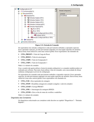 3. Configuração




                                   Figura 3-11. Entrada de Comando
         Os registradores das entradas configuráveis estão previamente atribuídos a operandos especiais.
         Esses operandos especiais, já estão previamente mapeados em uma região específica de memória.
         Dessa forma, basta utilizá-los como uma variável global. Esses registradores são chamados de:
         •   CNTx_PRESET = Valor de Carga do Preset
         •   CNTx_HOLD = Valor de amostragem
         •   CNTx_CMP0 = Valor do Comparador 0
         •   CNTx_CMP1 = Valor do Comparador 1
         Onde x é o número do contador.
         Caso o usuário não queira utilizar o borne de entrada configurável, os comandos também podem ser
         realizados por software. Para tanto, basta utilizar o byte de comando, sem a necessidade de efetuar
         nenhuma configuração na árvore de configuração.
         Os registradores de comando estão previamente atribuídos a operandos especiais. Esses operandos
         especiais, já estão previamente mapeados em uma região específica de memória. Dessa forma, basta
         utilizá-los como uma variável global. Esses registradores são chamados de:
         •   CNTx_CLR = Zera registrador de contagem
         •   CNTx_STOP = Desabilita contagem do contador (congelar o valor do contador)
         •   CNTx_LOAD = Carrega PRESET
         •   CNTx_AMG = Amostragem da contagem (HOLD)
         •   CNTx_OVER = Zera os bits de status de overflow e underflow
         Onde x é o número do contador.
Diagnóstico dos Contadores
         Os diagnósticos relacionados aos contadores estão descritos no capítulo “Diagnósticos” - “Entradas
         Rápidas”.




                                                  28
 