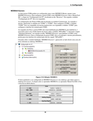 3. Configuração


MODBUS Escravo
       As duas portas COMs podem ser configuradas tanto como MODBUS Mestre, quanto como
       MODBUS Escravos. Para configurar a porta COM1 como MODBUS Escravo, abra o MasterTool
       IEC e clique em “Configurações do CP”, localizada na aba “Recursos”. Em seguida o módulo
       “Configuração do CP” deve ser expandido.
       As configurações das Portas COM estão localizadas no módulo Comunicação. Ao expandir o
       mesmo, aparecerão os módulos de “COM1” e “COM2”. Para configurar a COM1, o módulo
       “COM1” deve ser expandido, da mesma maneira deve ser expandido o módulo “COM2” para
       configurar a interface de comunicação COM2.
       Ao expandir este bloco a porta COM1 não estará habilitada para MODBUS, para habilitá-la, é
       necessário clicar com o botão direito do mouse sobre o módulo “MToolIEC” e selecionar a opção
       “Substituir Elemento” em seguida escolha “MODBUS Escravo” para habilitar a COM1 como
       MODBUS Escravo. Para a configuração da porta COM2, deve ser realizado o mesmo procedimento,
       porém para esta interface de comunicação não há a opção “MToolIEC”.
       Clicando sobre o modulo habilitado “MODBUS Escravo”, aparecerão ao lado direito uma caixa de
       texto referente ao endereço MODBUS:




                                 Figura 3-32. Relação MODBUS
       O único parâmetro a ser configurado no MODBUS Escravo é o seu endereço, que indica qual é o
       endereço do escravo. A relação entre os operandos MODBUS e os operandos MasterTool IEC é fixa
       e descrita na tabela abaixo.
                                               Coils
                   1 – 1024                              %QX0.0 - %QX63.15
                  1025 – 2048                          %MX2872.8 - %MX2936.7
                                               Input
                   1 – 1024                               %IX0.0 - %IX63.15
                  1025 – 2048                          %MX2936.8 - %MX3000.7
                                          Holding Register
                   1 – 2000                              %MW0 - %MW1999
                                         Inputing Register
                    1 – 870                             %MW2000 - %MW2869




                                              59
 