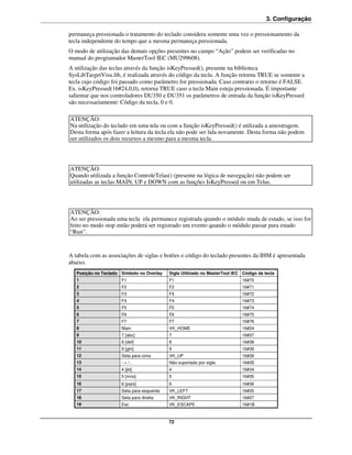 3. Configuração

permaneça pressionada o tratamento do teclado considera somente uma vez o pressionamento da
tecla independente do tempo que a mesma permaneça pressionada.
O modo de utilização das demais opções presentes no campo “Ação” podem ser verificadas no
manual do programador MasterTool IEC (MU299608).
A utilização das teclas através da função isKeyPressed(), presente na biblioteca
SysLibTargetVisu.lib, é realizada através do código da tecla. A função retorna TRUE se somente a
tecla cujo código foi passado como parâmetro for pressionada. Caso contrario o retorno é FALSE.
Ex. isKeyPressed(16#24,0,0), retorna TRUE caso a tecla Main esteja pressionada. É importante
salientar que nos controladores DU350 e DU351 os parâmetros de entrada da função isKeyPressed
são necessariamente: Código da tecla, 0 e 0.

ATENÇÃO:
Na utilização do teclado em uma tela ou com a função isKeyPressed() é utilizada a amostragem.
Desta forma após fazer a leitura da tecla ela não pode ser lida novamente. Desta forma não podem
ser utilizados os dois recursos a mesmo para a mesma tecla.




ATENÇÃO:
Quando utilizada a função ControleTelas() (presente na lógica de navegação) não podem ser
utilizadas as teclas MAIN, UP e DOWN com as funções IsKeyPressed ou em Telas.




ATENÇÃO:
Ao ser pressionada uma tecla ela permanece registrada quando o módulo muda de estado, se isso for
feito no modo stop então poderá ser registrado um evento quando o módulo passar para estado
“Run”.


A tabela com as associações de siglas e botões e código do teclado presentes da IHM é apresentada
abaixo.
   Posição no Teclado Simbolo no Overlay   Sigla Utilizado no MasterTool IEC Código da tecla
   1                  F1                   F1                               16#70
   2                  F2                   F2                               16#71
   3                  F3                   F3                               16#72
   4                  F4                   F4                               16#73
   5                  F5                   F5                               16#74
   6                  F6                   F6                               16#75
   7                  F7                   F7                               16#76
   8                  Main                 VK_HOME                          16#24
   9                  7 [abc]              7                                16#37
   10                 8 [def]              8                                16#38
   11                 9 [ghi]              9                                16#39
   12                 Seta para cima       VK_UP                            16#26
   13                 -+/.                 Não suportado por sigla          16#2E
   14                 4 [jkl]              4                                16#34
   15                 5 [mno]              5                                16#35
   16                 6 [pqrs]             6                                16#36
   17                 Seta para esquerda   VK_LEFT                          16#25
   18                 Seta para direita    VK_RIGHT                         16#27
   19                 Esc                  VK_ESCAPE                        16#1B



                                           72
 