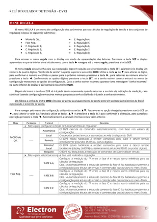 RELÉ REGULADOR DE TENSÃO – DVRI
22
MENU REGULA
O menu REGULA é um menu de configuração dos parâmetros para os cálculos de regulação de tensão e dos conjuntos de
regulação e possui os seguintes submenus:
 Modo de Op.;
 Fase Reg.;
 C. Regulação 1;
 C. Regulação 2;
 C. Regulação 3;
 C. Regulação 4;
 C. Regulação 5;
 C. Regulação 6;
 C. Regulação 7;
 C. Regulação 8;
Para acessar o menu regula com o display em modo de apresentação das leituras. Pressione a tecla SET o display
apresentara na parte inferior uma tela de menu, com a tecla ► navegue até o menu regula, pressione a tecla SET.
O menu regula possui senha para sua navegação, logo em seguida ao ser pressionado a tecla SET, aparecerá no display um
número de quatro dígitos, “lembrete de senha” na parte superior e ao centro 0000. Utilize a tecla ▲ ou ▼ para alterar os digito,
para confirmar o número escolhido e passar para o próximo número pressione a tecla ►, para retornar ao número anterior
pressione a tecla ◄. Confirmando os quatro dígitos pressione a tecla SET, se a senha estiver correta entrará no menu de
configuração mostrando as opções de configuração. Caso a senha estiver incorreta aparecer uma mensagem “senha incorreta”
na parte inferior do display e apresentará novamente 0000.
Depois de inserir a senha o DVR só irá pedir senha novamente quando retornar a sua tela de indicação de medição, caso
continue fazendo configuração em outros menus que possua senha o DVR não irá pedir a senha novamente.
De fabrica a senha do DVR é 0000. Em caso de perda ou esquecimento da senha entre em contato com Electron do Brasil
informando o lembrete de senha.
Para navegar pelo menu de configuração utilizando as teclas ▲▼. Para entrar na opção desejada pressione a tecla SET ou
►, para alterar o valor das variáveis utilize as teclas ▲▼ e pressione a tecla SET para confirmar a alteração, para cancelara
operação pressione a tecla ◄. Automaticamente a variável retornará o seu valor anterior.
Menu Parâmetro Variável Descrição
MODO de
OP.
 Menu para configurar o modo de funcionamento do regulador:
-----
Automático
O DVR executa os comandos automaticamente, com base nos valores de
configuração.
Local O operador poderá executar comandos através do display do DVR.
Remoto
O DVR estará habilitado a receber comandos para subir e descer tensão
remotamente (oriundos RS485 ou portas digitais).
Remoto/
Local
O DVR estará habilitado a receber comandos para subir e descer tensão
localmente (display do DVR) ou remotamente (oriundos RS485 ou portas digitais).
Bloqueio O DVR fica bloqueado a execução de comandos de subir e descer tensão.
Fase Reg.
 Menu para selecionar em qual fase será realizada a regulação.
-----
FASE A A
Configura a medição do TP entre a fase A e neutro como referência para os
cálculos de regulação.
Obs.: Automaticamente a leitura de corrente da fase A fica habilitada e permite a
configuração para leituras de tensão e correntes das outras fases no menu Trafo.
FASE B B
Configura a medição do TP entre a fase B e neutro como referência para os
cálculos de regulação.
Obs.: Automaticamente a leitura de corrente da fase B fica habilitada e permite a
configuração para leituras de tensão e correntes das outras fases no menu Trafo.
FASE C C
Configura a medição do TP entre a fase C e neutro como referência para os
cálculos de regulação.
Obs.: Automaticamente a leitura de corrente da fase C fica habilitada e permite a
configuração para leituras de tensão e correntes das outras fases no menu Trafo.
 