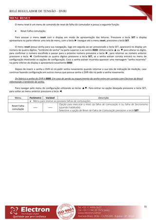 RELÉ REGULADOR DE TENSÃO – DVRI
31
MENU RESET
O menu reset é um menu de comando de reset de falha do comutador e possui a seguinte função:
 Reset Falha comutação;
Para acessar o menu reset com o display em modo de apresentação das leituras. Pressione a tecla SET o display
apresentara na parte inferior uma tela de menu, com a tecla ► navegue até o menu reset, pressione a tecla SET.
O menu reset possui senha para sua navegação, logo em seguida ao ser pressionado a tecla SET, aparecerá no display um
número de quatro dígitos, “lembrete de senha” na parte superior e ao centro 0000. Utilize a tecla ▲ ou ▼ para alterar os digito,
para confirmar o número escolhido e passar para o próximo número pressione a tecla ►, para retornar ao número anterior
pressione a tecla ◄. Confirmando os quatro dígitos pressione a tecla SET, se a senha estiver correta entrará no menu de
configuração mostrando as opções de configuração. Caso a senha estiver incorreta aparecer uma mensagem “senha incorreta”
na parte inferior do display e apresentará novamente 0000.
Depois de inserir a senha o DVR só irá pedir senha novamente quando retornar a sua tela de indicação de medição, caso
continue fazendo configuração em outros menus que possua senha o DVR não irá pedir a senha novamente.
De fabrica a senha do DVR é 0000. Em caso de perda ou esquecimento da senha entre em contato com Electron do Brasil
informando o lembrete de senha.
Para navegar pelo menu de configuração utilizando as teclas ▲▼. Para entrar na opção desejada pressione a tecla SET,
para voltar ao menu anterior pressione a tecla ◄.
Menu Parâmetro Variável Descrição
 Menu para resetar as possíveis falhas de comutações.
Reset Falha
comutação
----- -----
Opção para executar o reset da falha de comutação e ou falha de Sincronismo
(quando habilitado).
Selecione a opção de Reset de Falha de Comutação pressione a tecla SET.
 