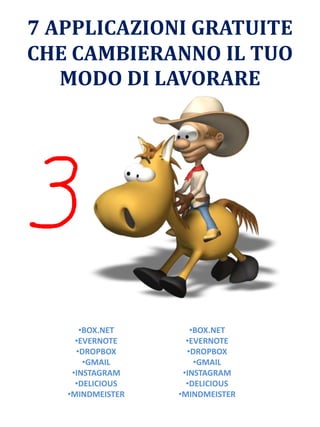 7 APPLICAZIONI GRATUITE
CHE CAMBIERANNO IL TUO
MODO DI LAVORARE
•BOX.NET
•EVERNOTE
•DROPBOX
•GMAIL
•INSTAGRAM
•DELICIOUS
•MINDMEISTER
•BOX.NET
•EVERNOTE
•DROPBOX
•GMAIL
•INSTAGRAM
•DELICIOUS
•MINDMEISTER
 
