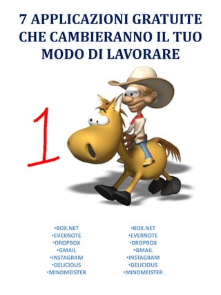 7 APPLICAZIONI GRATUITE
CHE CAMBIERANNO IL TUO
MODO DI LAVORARE
•BOX.NET
•EVERNOTE
•DROPBOX
•GMAIL
•INSTAGRAM
•DELICIOUS
•MINDMEISTER
•BOX.NET
•EVERNOTE
•DROPBOX
•GMAIL
•INSTAGRAM
•DELICIOUS
•MINDMEISTER
 