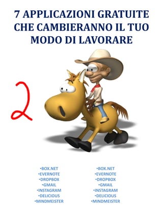 7 APPLICAZIONI GRATUITE
CHE CAMBIERANNO IL TUO
MODO DI LAVORARE
•BOX.NET
•EVERNOTE
•DROPBOX
•GMAIL
•INSTAGRAM
•DELICIOUS
•MINDMEISTER
•BOX.NET
•EVERNOTE
•DROPBOX
•GMAIL
•INSTAGRAM
•DELICIOUS
•MINDMEISTER
 