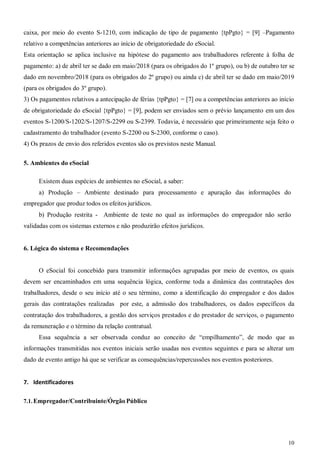 10
caixa, por meio do evento S-1210, com indicação de tipo de pagamento {tpPgto} = [9] –Pagamento
relativo a competências anteriores ao início de obrigatoriedade do eSocial.
Esta orientação se aplica inclusive na hipótese do pagamento aos trabalhadores referente à folha de
pagamento: a) de abril ter se dado em maio/2018 (para os obrigados do 1º grupo), ou b) de outubro ter se
dado em novembro/2018 (para os obrigados do 2º grupo) ou ainda c) de abril ter se dado em maio/2019
(para os obrigados do 3º grupo).
3) Os pagamentos relativos a antecipação de férias {tpPgto} = [7] ou a competências anteriores ao início
de obrigatoriedade do eSocial {tpPgto} = [9], podem ser enviados sem o prévio lançamento em um dos
eventos S-1200/S-1202/S-1207/S-2299 ou S-2399. Todavia, é necessário que primeiramente seja feito o
cadastramento do trabalhador (evento S-2200 ou S-2300, conforme o caso).
4) Os prazos de envio dos referidos eventos são os previstos neste Manual.
5. Ambientes do eSocial
Existem duas espécies de ambientes no eSocial, a saber:
a) Produção – Ambiente destinado para processamento e apuração das informações do
empregador que produz todos os efeitos jurídicos.
b) Produção restrita - Ambiente de teste no qual as informações do empregador não serão
validadas com os sistemas externos e não produzirão efeitos jurídicos.
6. Lógica do sistema e Recomendações
O eSocial foi concebido para transmitir informações agrupadas por meio de eventos, os quais
devem ser encaminhados em uma sequência lógica, conforme toda a dinâmica das contratações dos
trabalhadores, desde o seu início até o seu término, como a identificação do empregador e dos dados
gerais das contratações realizadas por este, a admissão dos trabalhadores, os dados específicos da
contratação dos trabalhadores, a gestão dos serviços prestados e do prestador de serviços, o pagamento
da remuneração e o término da relação contratual.
Essa sequência a ser observada conduz ao conceito de “empilhamento”, de modo que as
informações transmitidas nos eventos iniciais serão usadas nos eventos seguintes e para se alterar um
dado de evento antigo há que se verificar as consequências/repercussões nos eventos posteriores.
7. Identificadores
7.1.Empregador/Contribuinte/Órgão Público
 