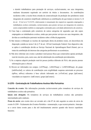 e demitir trabalhadores para prestação de serviços, exclusivamente, aos seus integrantes,
mediante documento registrado em cartório de títulos e documentos. As contribuições
incidentes sobre a receita bruta oriunda da comercialização da produção dos produtores rurais
integrantes do consórcio simplificado substituem as contribuições de que tratam os incisos I e II
do art. 22 da Lei n° 8.212/91, relativamente à remuneração dos respectivos segurados empregados e
trabalhadores avulsos contratados, exclusivamente, para prestar serviços aos integrantes do consórcio,
assim compreendidos também os empregados contratados para a atividade administrativa do consórcio.
 Caso haja a contratação pelo consórcio de outras categorias de segurados que não sejam
empregados ou trabalhadores avulsos, ainda que para prestar serviços aos seus integrantes, são
devidas as contribuições patronais incidentes sobre a folha de pagamento.
 São imunes à tributação as receitas de exportação direta de produtos rurais, em decorrência da
disposição contida no inciso I do § 2º do art. 149 da Constituição Federal. Este dispositivo não
se aplica à contribuição devida ao Serviço Nacional de Aprendizagem Rural (Senar), por se
tratar de contribuição de interesse das categorias profissionais ou econômicas.
 Não deve informar este evento o produtor rural pessoa física que comercialize apenas produção
rural de terceiros, pois, neste caso, não há substituição da contribuição previdenciária.
 Se a empresa adquirir produção rural de pessoa jurídica diferente de PAA, não precisa prestar
informações para o eSocial.
 Devem ser informados nos campos {vrCPSusp}, {vrRATSusp} e {vrSENARSusp}, do grupo
[infoProcJud], os valores de contribuição com exigibilidade suspensa autorizada no processo
(tpProc, nrProc) referentes à base cálculo informada em {vrTotCom} grupo [tpComerc]
vinculados ao respectivo {indComerc} grupo [tpComerc].
S-1270 – Contratação de Trabalhadores Avulsos Não Portuários
Conceito do evento: São informações prestadas exclusivamente pelos tomadores de serviços de
trabalhadores avulsos não portuários.
Quem está obrigado: Os tomadores de serviços de trabalhadores avulsos não portuários
intermediados pelo sindicato.
Prazo de envio: este evento deve ser enviado até o dia 07 do mês seguinte ou antes do envio do
evento S-1299 – Fechamento dos Eventos Periódico - remuneração, o que ocorrer primeiro. Antecipa-
se o envio deste evento para o dia útil imediatamente anterior quando não houver expediente
bancário.
 