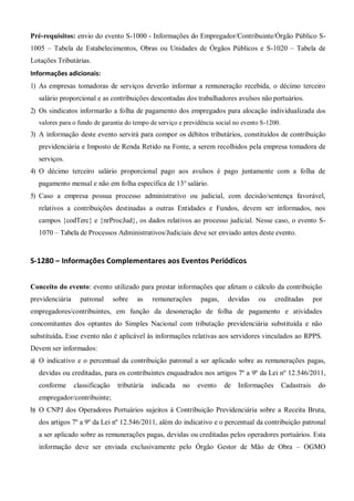 Pré-requisitos: envio do evento S-1000 - Informações do Empregador/Contribuinte/Órgão Público S-
1005 – Tabela de Estabelecimentos, Obras ou Unidades de Órgãos Públicos e S-1020 – Tabela de
Lotações Tributárias.
Informações adicionais:
1) As empresas tomadoras de serviços deverão informar a remuneração recebida, o décimo terceiro
salário proporcional e as contribuições descontadas dos trabalhadores avulsos não portuários.
2) Os sindicatos informarão a folha de pagamento dos empregados para alocação individualizada dos
valores para o fundo de garantia do tempo de serviço e previdência social no evento S-1200.
3) A informação deste evento servirá para compor os débitos tributários, constituídos de contribuição
previdenciária e Imposto de Renda Retido na Fonte, a serem recolhidos pela empresa tomadora de
serviços.
4) O décimo terceiro salário proporcional pago aos avulsos é pago juntamente com a folha de
pagamento mensal e não em folha específica de 13° salário.
5) Caso a empresa possua processo administrativo ou judicial, com decisão/sentença favorável,
relativos a contribuições destinadas a outras Entidades e Fundos, devem ser informados, nos
campos {codTerc} e {nrProcJud}, os dados relativos ao processo judicial. Nesse caso, o evento S-
1070 – Tabela de Processos Administrativos/Judiciais deve ser enviado antes deste evento.
S-1280 – Informações Complementares aos Eventos Periódicos
Conceito do evento: evento utilizado para prestar informações que afetam o cálculo da contribuição
previdenciária patronal sobre as remunerações pagas, devidas ou creditadas por
empregadores/contribuintes, em função da desoneração de folha de pagamento e atividades
concomitantes dos optantes do Simples Nacional com tributação previdenciária substituída e não
substituída. Esse evento não é aplicável às informações relativas aos servidores vinculados ao RPPS.
Devem ser informados:
a) O indicativo e o percentual da contribuição patronal a ser aplicado sobre as remunerações pagas,
devidas ou creditadas, para os contribuintes enquadrados nos artigos 7º a 9º da Lei nº 12.546/2011,
conforme classificação tributária indicada no evento de Informações Cadastrais do
empregador/contribuinte;
b) O CNPJ dos Operadores Portuários sujeitos à Contribuição Previdenciária sobre a Receita Bruta,
dos artigos 7º a 9º da Lei nº 12.546/2011, além do indicativo e o percentual da contribuição patronal
a ser aplicado sobre as remunerações pagas, devidas ou creditadas pelos operadores portuários. Esta
informação deve ser enviada exclusivamente pelo Órgão Gestor de Mão de Obra – OGMO
 