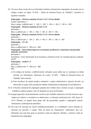 32) No envio deste evento deve ser informado o horário contratual dos empregados, de acordo com os
códigos criados na tabela “S-1050 – Tabela de Horários/Turnos de Trabalho”, conforme os
seguintes exemplos:
Empregado – 44 horas semanais, 8 h de 2ª a 6ª e 4 h no sábado
Campo {tpJornada}: 1
Dias e campo {codHorContr}: 1 – 001, 2 – 001, 3 – 001, 4 – 001, 5 – 001, 6 – 002
Empregado – 40 horas semanais, 8 h de 2ª a 6ª
tpJornada: 1
Dias e codHorContr: 1 – 001, 2 – 001, 3 – 001, 4 – 001, 5 – 001
Empregado – 44 horas semanais, 8 h de 2ª a 6ª e 4 h no sábado
tpJornada: 1
Dias e codHorContr: 1 – 001, 2 – 001, 3 – 001, 4 – 001, 5 – 001, 6 – 002
Empregado – 12 x 36
tpJornada: 2
Dias e codHorContr: 8 – 003 ou 8 – 004
Empregado – turno ininterrupto de revezamento, professores e motoristas com jornadas
especiais, aeronautas
tpJornada: 9
descTpJorn: “turno ininterrupto de revezamento, conforme escala” ou “jornada especial, conforme
escala”
Empregado – escala 5 x 1
tpJornada: 3
Dias e codHorContr: 8 – 005 ou 8 – 006
Obs:
a) Os códigos de horários {codHorContrat} utilizados nessa tabela são os constantes na tabela
incluída nas Informações Adicionais do evento “S-1050 – Tabela de Horários/Turnos de
Trabalho” deste manual.
b) Para servidores de regime jurídico estatutário e regime administrativo especial, deverão ser
observadas as regras sobre jornada de trabalho estabelecidas na legislação do ente federativo.
32-A) O horário contratual do empregado aprendiz deve refletir tanto o horário em que o empregado
trabalha na empresa quanto o que ele frequenta no curso de formação.
 O grupo [aprend] é de preenchimento exclusivo por entidades educativas sem fins lucrativos que
tenham por objetivo a assistência ao adolescente e à educação profissional (art. 430, inciso II,
CLT). Portanto, os campos desse grupo não são preenchidos quando o empregador realizar
diretamente a contratação de aprendizes.
 Nos casos de sucessão de vínculo trabalhista/estatutário, se o trabalhador estiver afastado no
momento da sucessão, o campo "Data de Início do Afastamento" {dtIniAfast} deve ser
informado com uma data igual ou posterior à data de admissão {dtAdm} e anterior à data da
transferência do empregado.
 