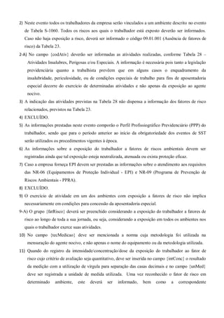2) Neste evento todos os trabalhadores da empresa serão vinculados a um ambiente descrito no evento
de Tabela S-1060. Todos os riscos aos quais o trabalhador está exposto deverão ser informados.
Caso não haja exposição a risco, deverá ser informado o código 09.01.001 (Ausência de fatores de
risco) da Tabela 23.
2-A) No campo {codAtiv} deverão ser informadas as atividades realizadas, conforme Tabela 28 –
Atividades Insalubres, Perigosas e/ou Especiais. A informação é necessária pois tanto a legislação
previdenciária quanto a trabalhista prevêem que em alguns casos o enquadramento da
insalubridade, periculosidade, ou de condições especiais de trabalho para fins de aposentadoria
especial decorre do exercício de determinadas atividades e não apenas da exposição ao agente
nocivo.
3) A indicação das atividades previstas na Tabela 28 não dispensa a informação dos fatores de risco
relacionados, previstos na Tabela 23.
4) EXCLUÍDO.
5) As informações prestadas neste evento comporão o Perfil Profissiográfico Previdenciário (PPP) do
trabalhador, sendo que para o período anterior ao início da obrigatoriedade dos eventos de SST
serão utilizados os procedimentos vigentes à época.
6) As informações sobre a exposição do trabalhador a fatores de riscos ambientais devem ser
registradas ainda que tal exposição esteja neutralizada, atenuada ou exista proteção eficaz.
7) Caso a empresa forneça EPI devem ser prestadas as informações sobre o atendimento aos requisitos
das NR-06 (Equipamentos de Proteção Individual - EPI) e NR-09 (Programa de Prevenção de
Riscos Ambientais - PPRA).
8) EXCLUÍDO.
9) O exercício de atividade em um dos ambientes com exposição a fatores de risco não implica
necessariamente em condições para concessão da aposentadoria especial.
9-A) O grupo {fatRisco} deverá ser preenchido considerando a exposição do trabalhador a fatores de
risco ao longo de toda a sua jornada, ou seja, considerando a exposição em todos os ambientes nos
quais o trabalhador exerce suas atividades.
10) No campo {tecMedicao} deve ser mencionada a norma cuja metodologia foi utilizada na
mensuração do agente nocivo, e não apenas o nome do equipamento ou da metodologia utilizada.
11) Quando do registro da intensidade/concentração/dose da exposição do trabalhador ao fator de
risco cujo critério de avaliação seja quantitativo, deve ser inserida no campo {intConc} o resultado
da medição com a utilização de vírgula para separação das casas decimais e no campo {unMed}
deve ser registrada a unidade de medida utilizada. Uma vez reconhecido o fator de risco em
determinado ambiente, este deverá ser informado, bem como a correspondente
 