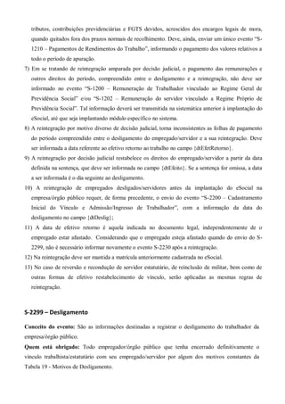 tributos, contribuições previdenciárias e FGTS devidos, acrescidos dos encargos legais de mora,
quando quitados fora dos prazos normais de recolhimento. Deve, ainda, enviar um único evento “S-
1210 – Pagamentos de Rendimentos do Trabalho”, informando o pagamento dos valores relativos a
todo o período de apuração.
7) Em se tratando de reintegração amparada por decisão judicial, o pagamento das remunerações e
outros direitos do período, compreendido entre o desligamento e a reintegração, não deve ser
informado no evento “S-1200 – Remuneração de Trabalhador vinculado ao Regime Geral de
Previdência Social” e/ou “S-1202 – Remuneração do servidor vinculado a Regime Próprio de
Previdência Social”. Tal informação deverá ser transmitida na sistemática anterior à implantação do
eSocial, até que seja implantando módulo específico no sistema.
8) A reintegração por motivo diverso de decisão judicial, torna inconsistentes as folhas de pagamento
do período compreendido entre o desligamento do empregado/servidor e a sua reintegração. Deve
ser informada a data referente ao efetivo retorno ao trabalho no campo {dtEfetRetorno}.
9) A reintegração por decisão judicial restabelece os direitos do empregado/servidor a partir da data
definida na sentença, que deve ser informada no campo {dtEfeito}. Se a sentença for omissa, a data
a ser informada é o dia seguinte ao desligamento.
10) A reintegração de empregados desligados/servidores antes da implantação do eSocial na
empresa/órgão público requer, de forma precedente, o envio do evento “S-2200 – Cadastramento
Inicial do Vínculo e Admissão/Ingresso de Trabalhador”, com a informação da data do
desligamento no campo {dtDeslig};
11) A data de efetivo retorno é aquela indicada no documento legal, independentemente de o
empregado estar afastado. Considerando que o empregado esteja afastado quando do envio do S-
2299, não é necessário informar novamente o evento S-2230 após a reintegração.
12) Na reintegração deve ser mantida a matrícula anteriormente cadastrada no eSocial.
13) No caso de reversão e recondução de servidor estatutário, de reinclusão de militar, bem como de
outras formas de efetivo restabelecimento de vínculo, serão aplicadas as mesmas regras de
reintegração.
S-2299 – Desligamento
Conceito do evento: São as informações destinadas a registrar o desligamento do trabalhador da
empresa/órgão público.
Quem está obrigado: Todo empregador/órgão público que tenha encerrado definitivamente o
vínculo trabalhista/estatutário com seu empregado/servidor por algum dos motivos constantes da
Tabela 19 - Motivos de Desligamento.
 