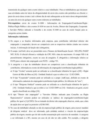 transmissão de qualquer outro evento relativo a esse trabalhador. Para os trabalhadores que iniciaram
suas atividades antes do início da obrigatoriedade de envio dos eventos não periódicos ao eSocial, o
prazo de envio desse evento é até o último dia do mês subsequente ao do início dessa obrigatoriedade
ou antes do envio de qualquer outro evento referente ao trabalhador.
Pré-requisitos: envio do evento S-1000 - Informações do Empregador/Contribuinte/Órgão
Público/Órgão Público e dos eventos S-1030 no caso de Avulso, Diretor não Empregado, Cooperado
e Servidor Público indicado a Conselho e do evento S-1040 no caso de existir função para as
categorias acima citadas.
Informações Adicionais:
1) Os cargos e as funções informados pela empresa, para contribuinte individual (diretor não
empregado e cooperado), devem ser compatíveis com as respectivas tabelas criadas nos eventos
iniciais. A informação de função não éobrigatória.
2) O campo {nisTrab} deve ser preenchido com o Número de Identificação Social - NIS (PIS, PASEP
NIT, SUS). O eSocial efetuará a validação do CPF, NIS e data de nascimento. O campo NIS é de
preenchimento obrigatório, exceto no caso de estagiário. É obrigatória a informação relativa ao
FGTS para o diretor não empregado com FGTS – código 721.
3) A categoria e o tipo do trabalhador devem ser compatíveis com a classificação tributária do
contribuinte, informada no evento de informações do empregador/contribuinte/órgão público:
a) O tipo "Avulso" somente pode ser utilizado se a classificação tributária for igual a [09] - Órgão
Gestor de Mão de Obra ou [10] - Entidade Sindical a que se refere a Lei 12.023/2009;
b) O tipo "Cooperado" somente pode ser utilizado se o campo {indCoop}, definido no evento de
informações cadastrais do empregador/contribuinte/órgão público, for diferente de "zero”;
c) O tipo "Dirigente Sindical" somente pode ser utilizado se a classificação tributária for igual a
[10] - Entidade Sindical a que se refere a Lei 12.023/2009 ou [14] - Sindicatos em geral, exceto
aquele classificado no código [10];
4) O tipo "Diretor não empregado" e "Servidor Público indicado para Conselho ou Órgão
Representativo" somente podem ser utilizados se {tpInsc} do empregador/contribuinte/órgão
público for igual a [1] (CNPJ). Em se tratando de diretor não empregado observar, ainda, que a data
de opção deve ser igual ou posterior a 02/06/1981.
5) No caso de trabalhador afastado ou não de empresa/órgão público de origem, para exercer mandato
de dirigente sindical deve ser informado, pela entidade sindical, o vínculo da empresa/órgão
público de origem, mesmo que ele não receba remuneração pelo exercício do mandado. A categoria
a ser informada é a 401, mesmo em caso de ele não ter sido cedido. Por exemplo, o dirigente
 