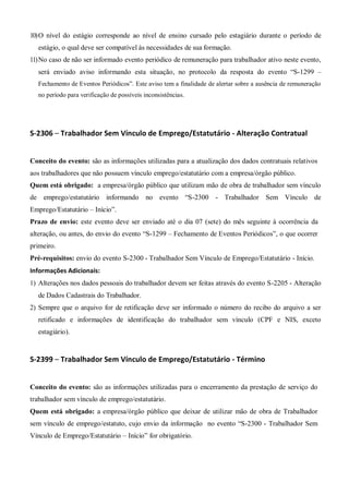 10)O nível do estágio corresponde ao nível de ensino cursado pelo estagiário durante o período de
estágio, o qual deve ser compatível às necessidades de sua formação.
11)No caso de não ser informado evento periódico de remuneração para trabalhador ativo neste evento,
será enviado aviso informando esta situação, no protocolo da resposta do evento “S-1299 –
Fechamento de Eventos Periódicos”. Este aviso tem a finalidade de alertar sobre a ausência de remuneração
no período para verificação de possíveis inconsistências.
S-2306 – Trabalhador Sem Vínculo de Emprego/Estatutário - Alteração Contratual
Conceito do evento: são as informações utilizadas para a atualização dos dados contratuais relativos
aos trabalhadores que não possuem vínculo emprego/estatutário com a empresa/órgão público.
Quem está obrigado: a empresa/órgão público que utilizam mão de obra de trabalhador sem vínculo
de emprego/estatutário informando no evento “S-2300 - Trabalhador Sem Vínculo de
Emprego/Estatutário – Início”.
Prazo de envio: este evento deve ser enviado até o dia 07 (sete) do mês seguinte à ocorrência da
alteração, ou antes, do envio do evento “S-1299 – Fechamento de Eventos Periódicos”, o que ocorrer
primeiro.
Pré-requisitos: envio do evento S-2300 - Trabalhador Sem Vínculo de Emprego/Estatutário - Início.
Informações Adicionais:
1) Alterações nos dados pessoais do trabalhador devem ser feitas através do evento S-2205 - Alteração
de Dados Cadastrais do Trabalhador.
2) Sempre que o arquivo for de retificação deve ser informado o número do recibo do arquivo a ser
retificado e informações de identificação do trabalhador sem vínculo (CPF e NIS, exceto
estagiário).
S-2399 – Trabalhador Sem Vínculo de Emprego/Estatutário - Término
Conceito do evento: são as informações utilizadas para o encerramento da prestação de serviço do
trabalhador sem vínculo de emprego/estatutário.
Quem está obrigado: a empresa/órgão público que deixar de utilizar mão de obra de Trabalhador
sem vínculo de emprego/estatuto, cujo envio da informação no evento “S-2300 - Trabalhador Sem
Vínculo de Emprego/Estatutário – Início” for obrigatório.
 