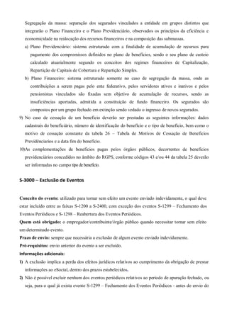 Segregação da massa: separação dos segurados vinculados a entidade em grupos distintos que
integrarão o Plano Financeiro e o Plano Previdenciário, observados os princípios da eficiência e
economicidade na realocação dos recursos financeiros e na composição das submassas.
a) Plano Previdenciário: sistema estruturado com a finalidade de acumulação de recursos para
pagamento dos compromissos definidos no plano de benefícios, sendo o seu plano de custeio
calculado atuarialmente segundo os conceitos dos regimes financeiros de Capitalização,
Repartição de Capitais de Cobertura e Repartição Simples.
b) Plano Financeiro: sistema estruturado somente no caso de segregação da massa, onde as
contribuições a serem pagas pelo ente federativo, pelos servidores ativos e inativos e pelos
pensionistas vinculados são fixadas sem objetivo de acumulação de recursos, sendo as
insuficiências aportadas, admitida a constituição de fundo financeiro. Os segurados são
compostos por um grupo fechado em extinção sendo vedado o ingresso de novos segurados.
9) No caso de cessação de um beneficio deverão ser prestadas as seguintes informações: dados
cadastrais do beneficiário, número de identificação do benefício e o tipo de benefício, bem como o
motivo de cessação constante da tabela 26 – Tabela de Motivos de Cessação de Beneficios
Previdênciarios e a data fim do benefício.
10)As complementações de benefícios pagas pelos órgãos públicos, decorrentes de benefícios
previdenciários concedidos no âmbito do RGPS, conforme códigos 43 e/ou 44 da tabela 25 deverão
ser informadas no campo tipo de beneficio.
S-3000 – Exclusão de Eventos
Conceito do evento: utilizado para tornar sem efeito um evento enviado indevidamente, o qual deve
estar incluído entre as faixas S-1200 a S-2400, com exceção dos eventos S-1299 – Fechamento dos
Eventos Periódicos e S-1298 – Reabertura dos Eventos Periódicos.
Quem está obrigado: o empregador/contribuinte/órgão público quando necessitar tornar sem efeito
um determinado evento.
Prazo de envio: sempre que necessária a exclusão de algum evento enviado indevidamente.
Pré-requisitos: envio anterior do evento a ser excluído.
Informações adicionais:
1) A exclusão implica a perda dos efeitos jurídicos relativos ao cumprimento da obrigação de prestar
informações ao eSocial, dentro dos prazos estabelecidos.
2) Não é possível excluir nenhum dos eventos periódicos relativos ao período de apuração fechado, ou
seja, para o qual já exista evento S-1299 – Fechamento dos Eventos Periódicos - antes do envio do
 