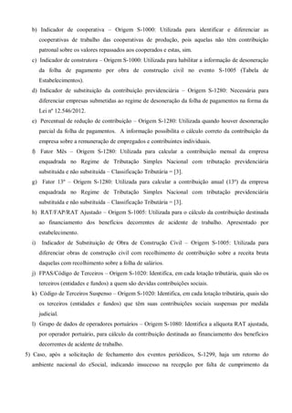 b) Indicador de cooperativa – Origem S-1000: Utilizada para identificar e diferenciar as
cooperativas de trabalho das cooperativas de produção, pois aquelas não têm contribuição
patronal sobre os valores repassados aos cooperados e estas, sim.
c) Indicador de construtora – Origem S-1000: Utilizada para habilitar a informação de desoneração
da folha de pagamento por obra de construção civil no evento S-1005 (Tabela de
Estabelecimentos).
d) Indicador de substituição da contribuição previdenciária – Origem S-1280: Necessária para
diferenciar empresas submetidas ao regime de desoneração da folha de pagamentos na forma da
Lei nº 12.546/2012.
e) Percentual de redução de contribuição – Origem S-1280: Utilizada quando houver desoneração
parcial da folha de pagamentos. A informação possibilita o cálculo correto da contribuição da
empresa sobre a remuneração de empregados e contribuintes individuais.
f) Fator Mês – Origem S-1280: Utilizada para calcular a contribuição mensal da empresa
enquadrada no Regime de Tributação Simples Nacional com tributação previdenciária
substituída e não substituída – Classificação Tributária = [3].
g) Fator 13º – Origem S-1280: Utilizada para calcular a contribuição anual (13º) da empresa
enquadrada no Regime de Tributação Simples Nacional com tributação previdenciária
substituída e não substituída – Classificação Tributária = [3].
h) RAT/FAP/RAT Ajustado – Origem S-1005: Utilizada para o cálculo da contribuição destinada
ao financiamento dos benefícios decorrentes de acidente de trabalho. Apresentado por
estabelecimento.
i) Indicador de Substituição de Obra de Construção Civil – Origem S-1005: Utilizada para
diferenciar obras de construção civil com recolhimento de contribuição sobre a receita bruta
daquelas com recolhimento sobre a folha de salários.
j) FPAS/Código de Terceiros – Origem S-1020: Identifica, em cada lotação tributária, quais são os
terceiros (entidades e fundos) a quem são devidas contribuições sociais.
k) Código de Terceiros Suspenso – Origem S-1020: Identifica, em cada lotação tributária, quais são
os terceiros (entidades e fundos) que têm suas contribuições sociais suspensas por medida
judicial.
l) Grupo de dados de operadores portuários – Origem S-1080: Identifica a alíquota RAT ajustada,
por operador portuário, para cálculo da contribuição destinada ao financiamento dos benefícios
decorrentes de acidente de trabalho.
5) Caso, após a solicitação de fechamento dos eventos periódicos, S-1299, haja um retorno do
ambiente nacional do eSocial, indicando insucesso na recepção por falta de cumprimento da
 
