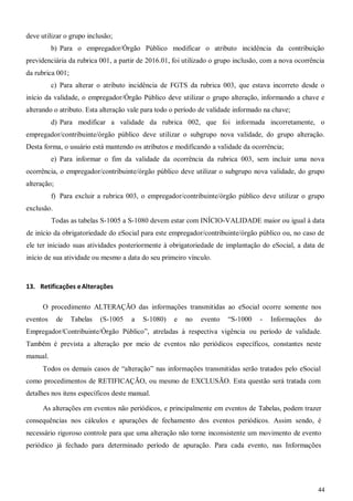 44
deve utilizar o grupo inclusão;
b) Para o empregador/Órgão Público modificar o atributo incidência da contribuição
previdenciária da rubrica 001, a partir de 2016.01, foi utilizado o grupo inclusão, com a nova ocorrência
da rubrica 001;
c) Para alterar o atributo incidência de FGTS da rubrica 003, que estava incorreto desde o
início da validade, o empregador/Órgão Público deve utilizar o grupo alteração, informando a chave e
alterando o atributo. Esta alteração vale para todo o período de validade informado na chave;
d) Para modificar a validade da rubrica 002, que foi informada incorretamente, o
empregador/contribuinte/órgão público deve utilizar o subgrupo nova validade, do grupo alteração.
Desta forma, o usuário está mantendo os atributos e modificando a validade da ocorrência;
e) Para informar o fim da validade da ocorrência da rubrica 003, sem incluir uma nova
ocorrência, o empregador/contribuinte/órgão público deve utilizar o subgrupo nova validade, do grupo
alteração;
f) Para excluir a rubrica 003, o empregador/contribuinte/órgão público deve utilizar o grupo
exclusão.
Todas as tabelas S-1005 a S-1080 devem estar com INÍCIO-VALIDADE maior ou igual à data
de início da obrigatoriedade do eSocial para este empregador/contribuinte/órgão público ou, no caso de
ele ter iniciado suas atividades posteriormente à obrigatoriedade de implantação do eSocial, a data de
início de sua atividade ou mesmo a data do seu primeiro vínculo.
13. Retificações eAlterações
O procedimento ALTERAÇÃO das informações transmitidas ao eSocial ocorre somente nos
eventos de Tabelas (S-1005 a S-1080) e no evento “S-1000 - Informações do
Empregador/Contribuinte/Órgão Público”, atreladas à respectiva vigência ou período de validade.
Também é prevista a alteração por meio de eventos não periódicos específicos, constantes neste
manual.
Todos os demais casos de “alteração” nas informações transmitidas serão tratados pelo eSocial
como procedimentos de RETIFICAÇÃO, ou mesmo de EXCLUSÃO. Esta questão será tratada com
detalhes nos itens específicos deste manual.
As alterações em eventos não periódicos, e principalmente em eventos de Tabelas, podem trazer
consequências nos cálculos e apurações de fechamento dos eventos periódicos. Assim sendo, é
necessário rigoroso controle para que uma alteração não torne inconsistente um movimento de evento
periódico já fechado para determinado período de apuração. Para cada evento, nas Informações
 