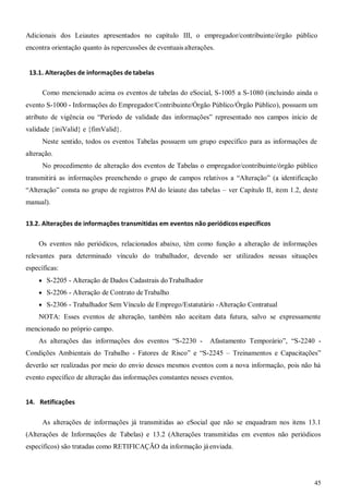 45
Adicionais dos Leiautes apresentados no capítulo III, o empregador/contribuinte/órgão público
encontra orientação quanto às repercussões de eventuaisalterações.
13.1. Alterações de informações de tabelas
Como mencionado acima os eventos de tabelas do eSocial, S-1005 a S-1080 (incluindo ainda o
evento S-1000 - Informações do Empregador/Contribuinte/Órgão Público/Órgão Público), possuem um
atributo de vigência ou “Período de validade das informações” representado nos campos início de
validade {iniValid} e {fimValid}.
Neste sentido, todos os eventos Tabelas possuem um grupo específico para as informações de
alteração.
No procedimento de alteração dos eventos de Tabelas o empregador/contribuinte/órgão público
transmitirá as informações preenchendo o grupo de campos relativos a “Alteração” (a identificação
“Alteração” consta no grupo de registros PAI do leiaute das tabelas – ver Capítulo II, item 1.2, deste
manual).
13.2. Alterações de informações transmitidas em eventos não periódicosespecíficos
Os eventos não periódicos, relacionados abaixo, têm como função a alteração de informações
relevantes para determinado vínculo do trabalhador, devendo ser utilizados nessas situações
específicas:
 S-2205 - Alteração de Dados Cadastrais doTrabalhador
 S-2206 - Alteração de Contrato deTrabalho
 S-2306 - Trabalhador Sem Vínculo de Emprego/Estatutário -Alteração Contratual
NOTA: Esses eventos de alteração, também não aceitam data futura, salvo se expressamente
mencionado no próprio campo.
As alterações das informações dos eventos “S-2230 - Afastamento Temporário”, “S-2240 -
Condições Ambientais do Trabalho - Fatores de Risco” e “S-2245 – Treinamentos e Capacitações”
deverão ser realizadas por meio do envio desses mesmos eventos com a nova informação, pois não há
evento específico de alteração das informações constantes nesses eventos.
14. Retificações
As alterações de informações já transmitidas ao eSocial que não se enquadram nos itens 13.1
(Alterações de Informações de Tabelas) e 13.2 (Alterações transmitidas em eventos não periódicos
específicos) são tratadas como RETIFICAÇÃO da informação jáenviada.
 