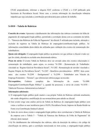 CNAE preponderante, informar a alíquota RAT conforme o CNAE e o FAP publicado pela
Secretaria de Previdência Social. Neste caso, a correta informação da classificação tributária
impedirá que seja calculada a contribuição previdenciária para acidente de trabalho.
S-1010 – Tabela de Rubricas
Conceito do evento: Apresenta o detalhamento das informações das rubricas constantes da folha de
pagamento do empregador/órgão público, permitindo a correlação destas com as constantes da tabela
3 – “Natureza das Rubricas da Folha de Pagamento” do eSocial. É utilizada para inclusão, alteração e
exclusão de registros na Tabela de Rubricas do empregador/contribuinte/órgão público. As
informações consolidadas desta tabela são utilizadas para validação dos eventos de remuneração dos
trabalhadores.
Quem está obrigado: O empregador/órgão público na primeira vez que utilizar o eSocial e toda vez
que for criada, alterada ou excluída uma determinada rubrica.
Prazo de envio: O evento Tabela de Rubricas deve ser enviado antes dos eventos relacionados à
remuneração do trabalhador, quais sejam, os eventos “S-1200 - Remuneração de Trabalhador
vinculado ao Regime Geral de Previdência Social”, “S-1202 - Remuneração de servidor vinculado a
Regime Próprio de Previdência Social”, “S-1207 - Benefícios previdenciários – RPPS”, bem como
antes dos eventos “S-2299 – Desligamento” e “S-2399 – Trabalhador sem Vínculo de
Emprego/Estatutário – Término”, que referenciam rubricas pagas na rescisão.
Pré-requisitos: Cadastro completo das Informações do evento “S-1000
Empregador/Contribuinte/Órgão Público” e, quando há processos, o envio do evento “S-1070 –
Tabela de Processos Administrativos/Judicias”.
Informações adicionais:
1) O empregador/órgão público pode manter a sua própria Tabela de Rubricas utilizada atualmente,
não sendo obrigatória a modificação de sua nomenclatura para adesão ao eSocial.
2) Este evento exige uma análise prévia da Tabela de Rubricas do empregador/órgão público com
vistas a verificar as suas incidências para o FGTS, Previdência Social, Imposto de Renda Retido na
Fonte e/ou Contribuição Sindical Laboral.
3) Antes do envio desse evento o empregador/órgão público deve correlacionar a Tabela de Rubricas
da empresa com a Tabela 3 – “Tabela de Natureza das Rubricas da Folha de Pagamento” do
eSocial, deste manual.
3-A) No detalhamento das informações das rubricas, além da descrição da rubrica e do código de
classificação da rubrica, após a correlação mencionada no item acima, o empregador/órgão público
 