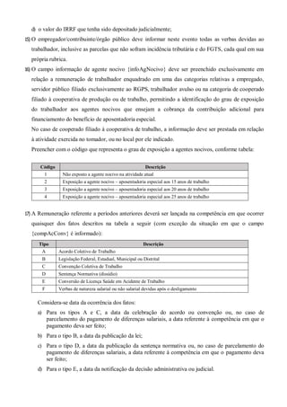 d) o valor do IRRF que tenha sido depositado judicialmente;
15) O empregador/contribuinte/órgão público deve informar neste evento todas as verbas devidas ao
trabalhador, inclusive as parcelas que não sofram incidência tributária e do FGTS, cada qual em sua
própria rubrica.
16) O campo informação de agente nocivo {infoAgNocivo} deve ser preenchido exclusivamente em
relação a remuneração de trabalhador enquadrado em uma das categorias relativas a empregado,
servidor público filiado exclusivamente ao RGPS, trabalhador avulso ou na categoria de cooperado
filiado à cooperativa de produção ou de trabalho, permitindo a identificação do grau de exposição
do trabalhador aos agentes nocivos que ensejam a cobrança da contribuição adicional para
financiamento do benefício de aposentadoria especial.
No caso de cooperado filiado à cooperativa de trabalho, a informação deve ser prestada em relação
à atividade exercida no tomador, ou no local por ele indicado.
Preencher com o código que representa o grau de exposição a agentes nocivos, conforme tabela:
Código Descrição
1 Não exposto a agente nocivo na atividade atual
2 Exposição a agente nocivo – aposentadoria especial aos 15 anos de trabalho
3 Exposição a agente nocivo – aposentadoria especial aos 20 anos de trabalho
4 Exposição a agente nocivo – aposentadoria especial aos 25 anos de trabalho
17) A Remuneração referente a períodos anteriores deverá ser lançada na competência em que ocorrer
quaisquer dos fatos descritos na tabela a seguir (com exceção da situação em que o campo
{compAcConv} é informado):
Tipo Descrição
A Acordo Coletivo de Trabalho
B Legislação Federal, Estadual, Municipal ou Distrital
C Convenção Coletiva de Trabalho
D Sentença Normativa (dissídio)
E Conversão de Licença Saúde em Acidente de Trabalho
F Verbas de natureza salarial ou não salarial devidas após o desligamento
Considera-se data da ocorrência dos fatos:
a) Para os tipos A e C, a data da celebração do acordo ou convenção ou, no caso de
parcelamento do pagamento de diferenças salariais, a data referente à competência em que o
pagamento deva ser feito;
b) Para o tipo B, a data da publicação da lei;
c) Para o tipo D, a data da publicação da sentença normativa ou, no caso de parcelamento do
pagamento de diferenças salariais, a data referente à competência em que o pagamento deva
ser feito;
d) Para o tipo E, a data da notificação da decisão administrativa ou judicial.
 