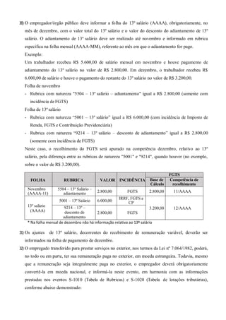 30) O empregador/órgão público deve informar a folha do 13º salário (AAAA), obrigatoriamente, no
mês de dezembro, com o valor total do 13º salário e o valor do desconto do adiantamento de 13º
salário. O adiantamento de 13º salário deve ser realizado até novembro e informado em rubrica
específica na folha mensal (AAAA-MM), referente ao mês em que o adiantamento for pago.
Exemplo:
Um trabalhador recebeu R$ 5.600,00 de salário mensal em novembro e houve pagamento de
adiantamento do 13º salário no valor de R$ 2.800,00. Em dezembro, o trabalhador recebeu R$
6.000,00 de salário e houve o pagamento do restante do 13º salário no valor de R$ 3.200,00.
Folha de novembro
- Rubrica com natureza "5504 – 13º salário – adiantamento" igual a R$ 2.800,00 (somente com
incidência de FGTS)
Folha de 13º salário
- Rubrica com natureza “5001 – 13º salário” igual a R$ 6.000,00 (com incidência de Imposto de
Renda, FGTS e Contribuição Previdenciária)
- Rubrica com natureza “9214 – 13º salário – desconto de adiantamento” igual a R$ 2.800,00
(somente com incidência de FGTS)
Neste caso, o recolhimento do FGTS será apurado na competência dezembro, relativo ao 13º
salário, pela diferença entre as rubricas de natureza "5001" e "9214", quando houver (no exemplo,
sobre o valor de R$ 3.200,00).
FOLHA RUBRICA VALOR INCIDÊNCIA
FGTS
Base de
Cálculo
Competência de
recolhimento
Novembro
(AAAA-11)
5504 – 13º Salário –
adiantamento 2.800,00 FGTS 2.800,00 11/AAAA
13º salário
(AAAA)
5001 – 13º Salário 6.000,00
IRRF, FGTS e
CP
3.200,00 12/AAAA9214 – 13º –
desconto de
adiantamento
2.800,00 FGTS
* Na folha mensal de dezembro não há informação relativa ao 13º salário
31) Os ajustes de 13º salário, decorrentes do recebimento de remuneração variável, deverão ser
informados na folha de pagamento de dezembro.
32) O empregado transferido para prestar serviços no exterior, nos termos da Lei nº 7.064/1982, poderá,
no todo ou em parte, ter sua remuneração paga no exterior, em moeda estrangeira. Todavia, mesmo
que a remuneração seja integralmente paga no exterior, o empregador deverá obrigatoriamente
convertê-la em moeda nacional, e informá-la neste evento, em harmonia com as informações
prestadas nos eventos S-1010 (Tabela de Rubricas) e S-1020 (Tabela de lotações tributárias),
conforme abaixo demonstrado:
 