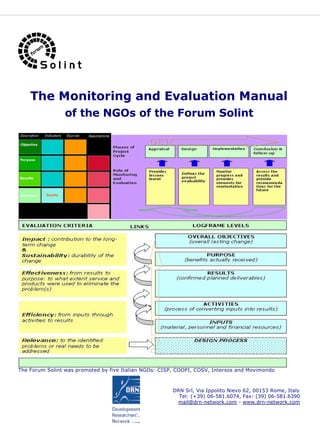 The Monitoring and Evaluation Manual
                of the NGOs of the Forum Solint




The Forum Solint was promoted by five Italian NGOs: CISP, COOPI, COSV, Intersos and Movimondo



                                                        DRN Srl, Via Ippolito Nievo 62, 00153 Rome, Italy
                                                          Tel: (+39) 06-581.6074, Fax: (39) 06-581.6390
                                                         mail@drn-network.com - www.drn-network.com
 