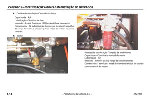 CAPÍTULO 6 - ESPECIFICAÇÕES GERAIS E MANUTENÇÃO DO OPERADOR
6-14 – Plataforma Elevatória JLG – 3123902
8. Cavilha de articulação/Casquilho da lança
Capacidade - A/R
Lubrificação - Sintético de lítio
Intervalo - A cada 2 anos ou 1200 horas de funcionamento
Comentários - Na substituição dos pernos do pivot/casquilho
da lança; Revestir I.D. dos casquilhos antes de instalar os pinos
centrais.
9. Motor
Ponto(s) de lubrificação - Tampão de enchimento
Capacidade - Consultar o manual do motor
Lubrificação - EO
Intervalo - 3 meses ou 150 horas de funcionamento
Comentários - Verificar o nível diariamente/Mudar de acordo
com o manual do motor.
 