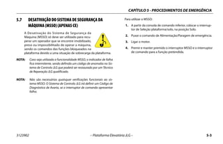 CAPÍTULO 5 - PROCEDIMENTOS DE EMERGÊNCIA
3123902 – Plataforma Elevatória JLG – 5-3
5.7 DESATIVAÇÃO DO SISTEMA DE SEGURANÇA DA
MÁQUINA (MSSO) (APENAS CE)
A Desativação do Sistema de Segurança da
Máquina (MSSO) só deve ser utilizado para recu-
perar um operador que se encontre imobilizado,
preso ou impossibilitado de operar a máquina,
sendo os comandos das funções bloqueados na
plataforma devido a uma situação de sobrecarga da plataforma.
NOTA: Caso seja utilizada a funcionalidade MSSO, o indicador de falha
fica intermitente, sendo definido um código de anomalia no Sis-
tema de Controlo JLG que poderá ser restaurado por um Técnico
de Reparação JLG qualificado.
NOTA: Não são necessárias quaisquer verificações funcionais ao sis-
tema MSSO. O Sistema de Controlo JLG irá definir um Código de
Diagnóstico de Avaria, se o interruptor de comando apresentar
falha.
Para utilizar o MSSO:
1. A partir da consola de comando inferior, colocar o interrup-
tor de Seleção plataforma/solo, na posição Solo.
2. Puxar o comando de Alimentação/Paragem de emergência.
3. Ligar o motor.
4. Premir e manter premido o interruptor MSSO e o interruptor
de comando para a função pretendida.
 