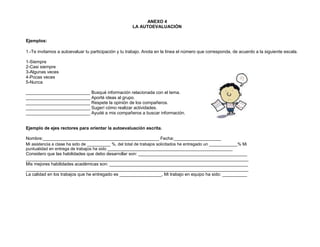 ANEXO 4
LA AUTOEVALUACIÓN
Ejemplos:
1.-Te invitamos a autoevaluar tu participación y tu trabajo. Anota en la línea el número que corresponda, de acuerdo a la siguiente escala.
1-Siempre
2-Casi siempre
3-Algunas veces
4-Pocas veces
5-Nunca
__________________________ Busqué información relacionada con el tema.
__________________________ Aporté ideas al grupo.
__________________________ Respete la opinión de los compañeros.
__________________________ Sugerí cómo realizar actividades.
__________________________ Ayudé a mis compañeros a buscar información.
Ejemplo de ejes rectores para orientar la autoevaluación escrita.
Nombre:_______________________________________________ Fecha:___________________
Mi asistencia a clase ha sido de __________ %, del total de trabajos solicitados he entregado un ____________% Mi
puntualidad en entrega de trabajos ha sido _____________________________________________________
Considero que las habilidades que debo desarrollar son: ____________________________________________
__________________________________________________________________________________________
Mis mejores habilidades académicas son: ________________________________________________________
__________________________________________________________________________________________
La calidad en los trabajos que he entregado es _________________, Mi trabajo en equipo ha sido: __________
 
